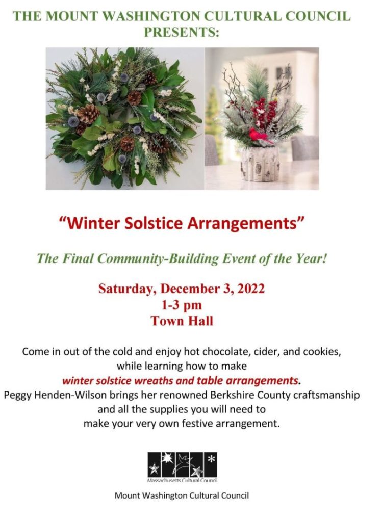 THE MOUNT WASHINGTON CULTURAL COUNCIL PRESENTS: “Winter Solstice Arrangements” The Final Community-Building Event of the Year! Saturday, December 3, 2022 1-3 pm Town Hall Come in out of the cold and enjoy hot chocolate, cider, and cookies, while learning how to make winter solstice wreaths and table arrangements. Peggy Henden-Wilson brings her renowned Berkshire County craftsmanship and all the supplies you will need to make your very own festive arrangement. Mount Washington Cultural Council